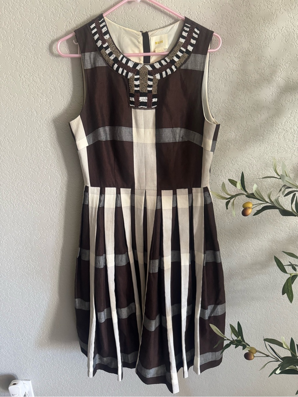 Maeve Anthropologie Beaded Plaid Fit & Flare Midi Dress Brown Size 10